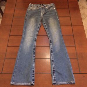 True Religion Becca Mid-Rise Bootcut Jeans Medium Wash White Big T Stitch 28